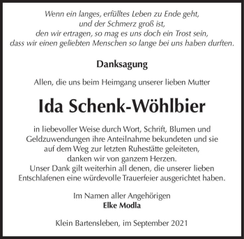 Traueranzeige von Ida Schenk-Wöhlbier  von Magdeburger Volksstimme