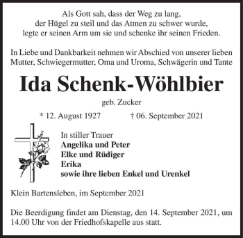 Traueranzeige von Ida Schenk-Wöhlbier (geb. Zucker)  von Magdeburger Volksstimme