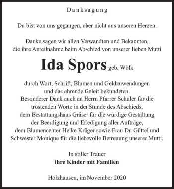Traueranzeige von Ida Spors (geb. Wölk)  von Magdeburger Volksstimme