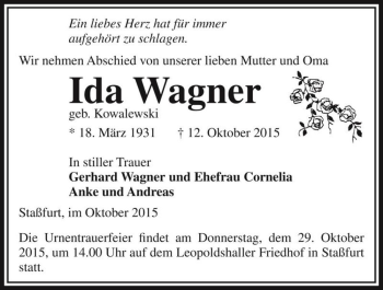 Traueranzeige von Ida Wagner (geb. Kowalewski )  von Magdeburger Volksstimme
