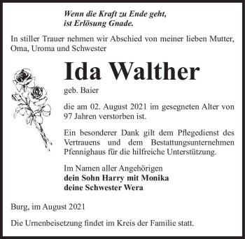 Traueranzeige von Ida Walther (geb. Baier)  von Magdeburger Volksstimme
