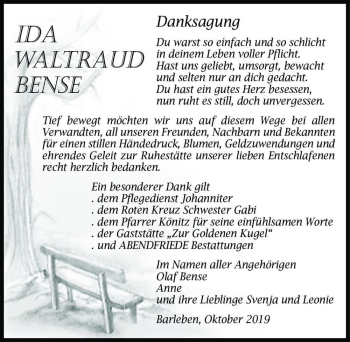 Traueranzeige von Ida Waltraud Bense  von Magdeburger Volksstimme