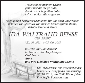 Traueranzeige von Ida Waltraud Bense (geb. BrIest)  von Magdeburger Volksstimme