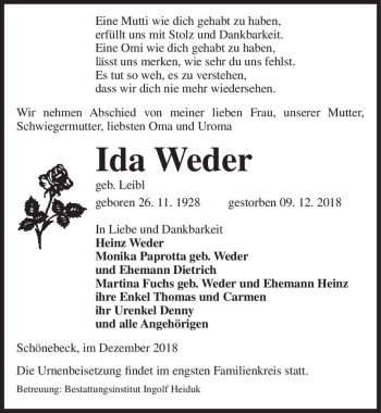 Traueranzeige von Ida Weder (geb. Leibl)  von Magdeburger Volksstimme