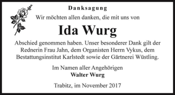 Traueranzeige von Ida Wurg  von Magdeburger Volksstimme