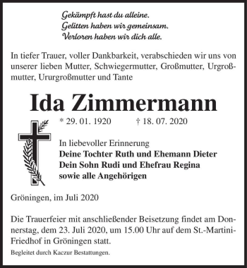 Traueranzeige von Ida Zimmermann  von Magdeburger Volksstimme