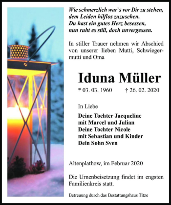 Traueranzeige von Iduna Müller  von Magdeburger Volksstimme
