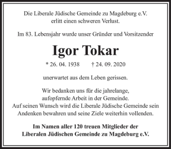 Traueranzeige von Igor Tokar  von Magdeburger Volksstimme