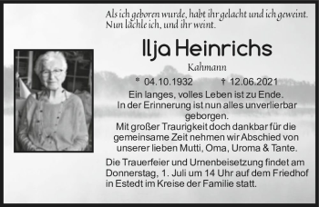 Traueranzeige von Ilja Heinrichs (geb. Kahmann)  von Magdeburger Volksstimme