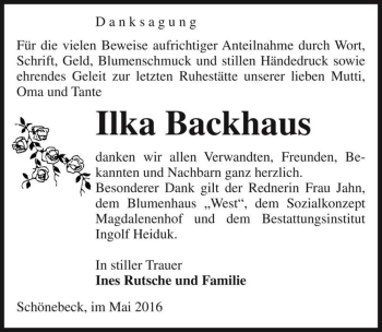 Traueranzeige von Ilka Backhaus  von Magdeburger Volksstimme
