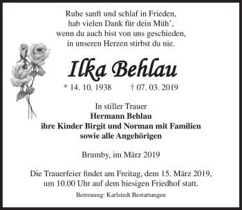 Traueranzeige von Ilka Behlau  von Magdeburger Volksstimme