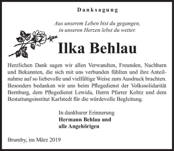 Traueranzeige von Ilka Behlau  von Magdeburger Volksstimme