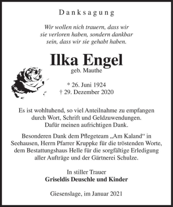 Traueranzeige von Ilka Engel (geb. Mauthe)  von Magdeburger Volksstimme