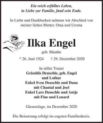 Traueranzeige von Ilka Engel (geb. Mauthe)  von Magdeburger Volksstimme