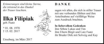 Traueranzeige von Ilka Filipiak (geb. Faatz)  von Magdeburger Volksstimme