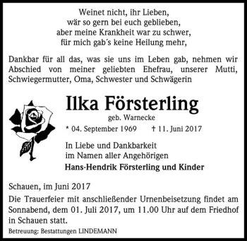 Traueranzeige von Ilka Försterling (geb. Warnecke)  von Magdeburger Volksstimme