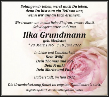 Traueranzeige von Ilka Grundmann (geb. Meikstat)  von Magdeburger Volksstimme