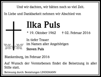 Traueranzeige von Ilka Puls  von Magdeburger Volksstimme