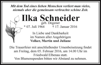 Traueranzeige von Ilka Schneider (geb. Degener)  von Magdeburger Volksstimme