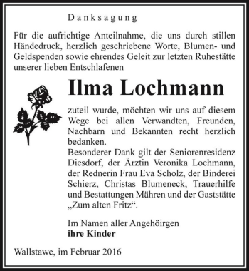 Traueranzeige von Ilma Lochmann  von Magdeburger Volksstimme