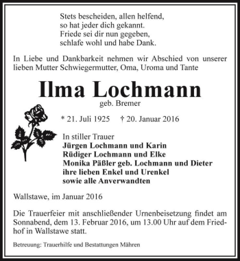 Traueranzeige von Ilma Lochmann (geb. Bremer)  von Magdeburger Volksstimme