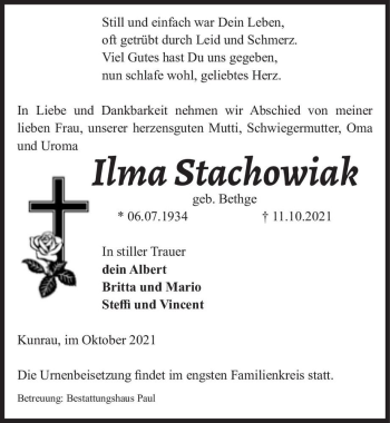 Traueranzeige von Ilma Stachowiak (geb. Bethge)  von Magdeburger Volksstimme