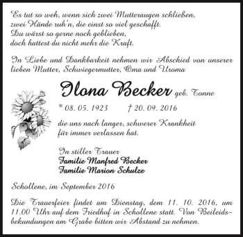 Traueranzeige von Ilona Becker (geb. Tonne)  von Magdeburger Volksstimme
