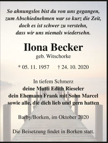 Traueranzeige von Ilona Becker (geb. Witschorke)  von Magdeburger Volksstimme