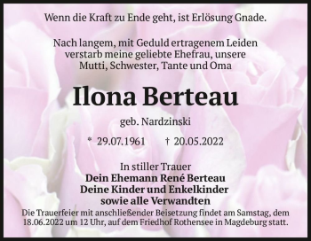 Traueranzeige von Ilona Berteau (geb. Nardzinski)  von Magdeburger Volksstimme