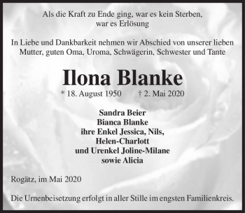 Traueranzeige von Ilona Blanke  von Magdeburger Volksstimme