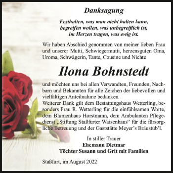 Traueranzeige von Ilona Bohnstedt  von Magdeburger Volksstimme