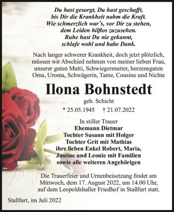 Traueranzeige von Ilona Bohnstedt (geb. Schicht)  von Magdeburger Volksstimme