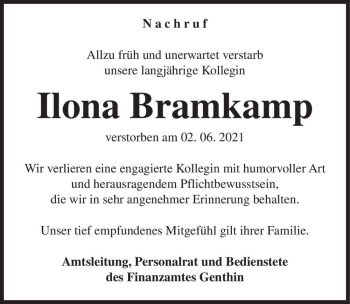 Traueranzeige von Ilona Bramkamp  von Magdeburger Volksstimme