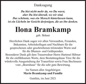 Traueranzeige von Ilona Bramkamp (geb. Bräuer)  von Magdeburger Volksstimme