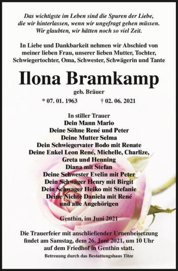 Traueranzeige von Ilona Bramkamp (geb. Bräuner)  von Magdeburger Volksstimme