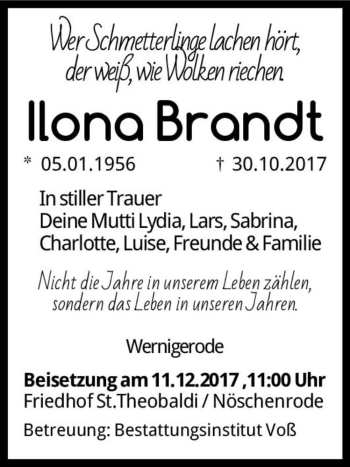 Traueranzeige von Ilona Brandt  von Magdeburger Volksstimme