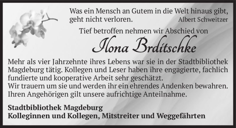  Traueranzeige für Ilona Brditschke  vom 18.04.2020 aus Magdeburger Volksstimme