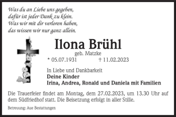 Traueranzeige von Ilona Brühl (geb. Matzke)  von Magdeburger Volksstimme