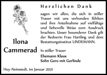 Traueranzeige von Ilona Cammerad  von Magdeburger Volksstimme