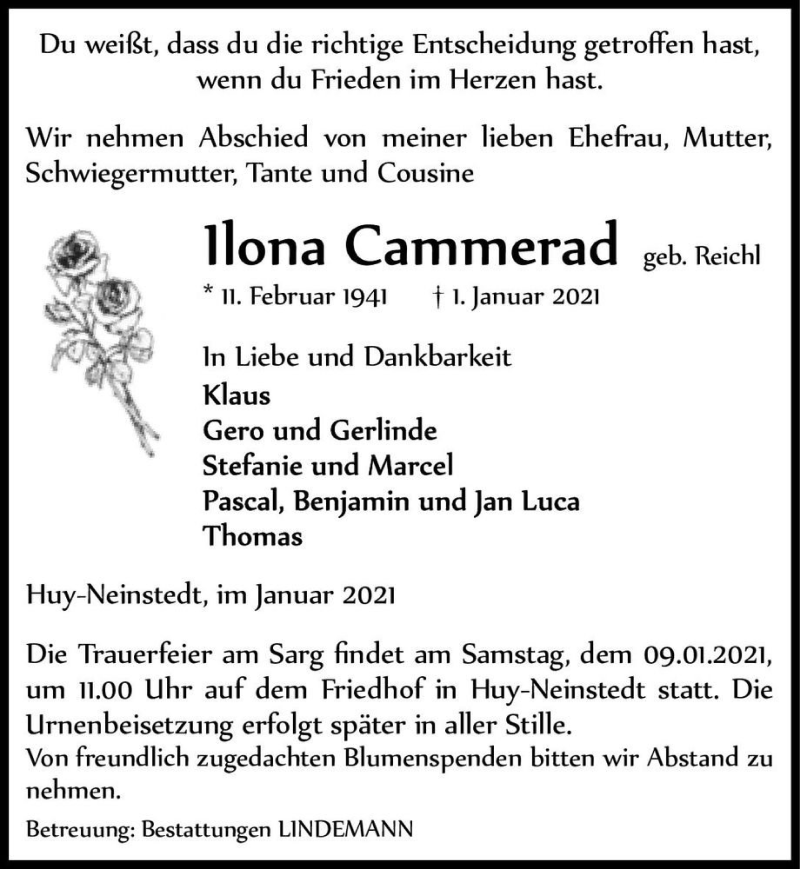  Traueranzeige für Ilona Cammerad (geb. Reichl)  vom 07.01.2021 aus Magdeburger Volksstimme