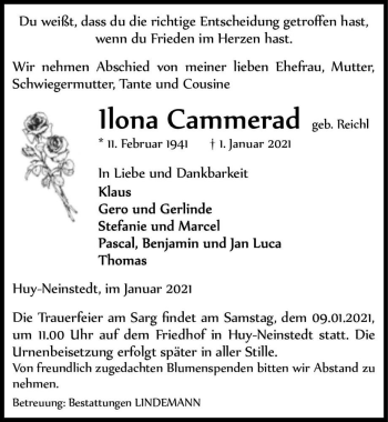 Traueranzeige von Ilona Cammerad (geb. Reichl)  von Magdeburger Volksstimme