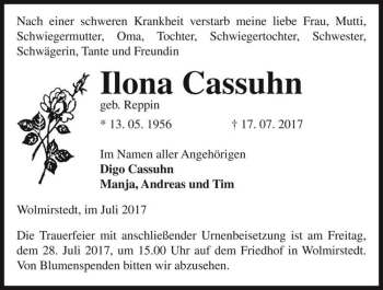 Traueranzeige von Ilona Cassuhn (geb. Reppin)  von Magdeburger Volksstimme