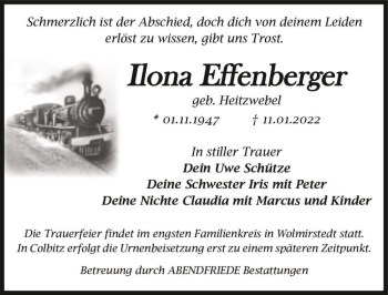 Traueranzeige von Ilona Effenberger (geb. Heitzwebel)  von Magdeburger Volksstimme
