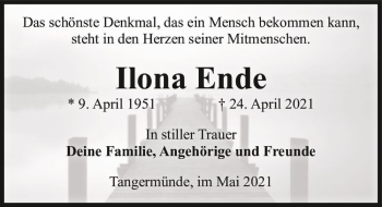 Traueranzeige von Ilona Ende  von Magdeburger Volksstimme