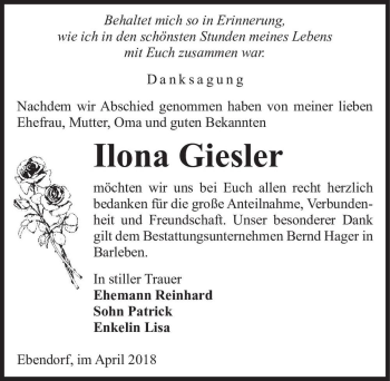 Traueranzeige von Ilona Giesler  von Magdeburger Volksstimme