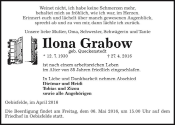 Traueranzeige von Ilona Grabow (geb. Queckenstedt)  von Magdeburger Volksstimme