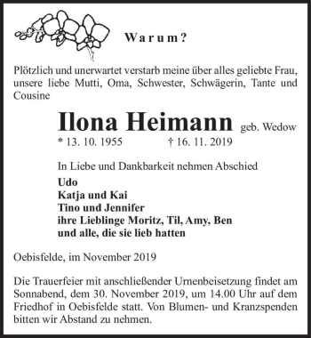 Traueranzeige von Ilona Heimann (geb. Wedow)  von Magdeburger Volksstimme
