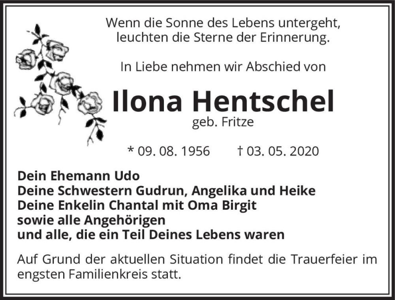  Traueranzeige für Ilona Hentschel (geb. Fritze)  vom 16.05.2020 aus Magdeburger Volksstimme