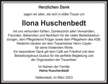 Traueranzeige von Ilona Huschenbedt  von Magdeburger Volksstimme