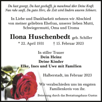 Traueranzeige von Ilona Huschenbedt (geb. Schiller)  von Magdeburger Volksstimme